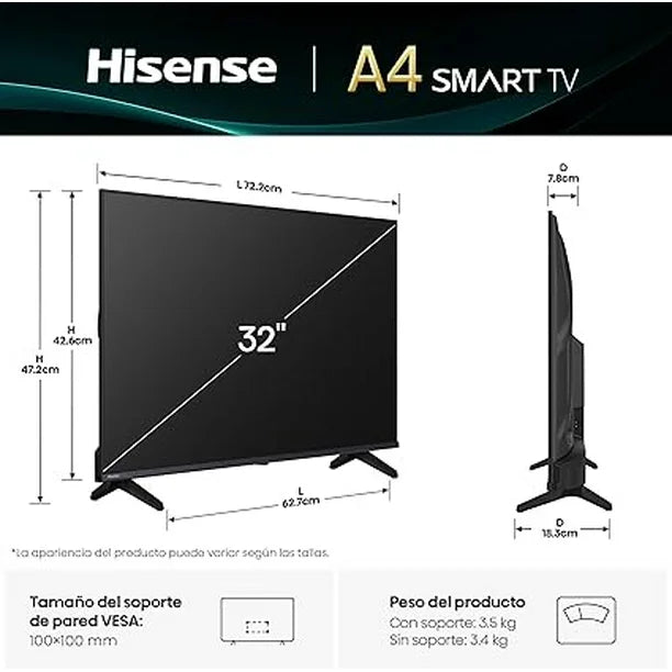 Televisor Hisense 32A4NV, 32 pulgadas, LED HD, 1366 x 768 Pixeles, VIDAA SMART TV Televisor Hisense 32A4NV, 32 pulgadas, LED HD, 1366 x 768 Pixeles, VIDAA SMART TV